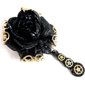 Black Rose Goth Steampunk Brooch Pin Enameled Golden Brass Gear Dangle Filigree